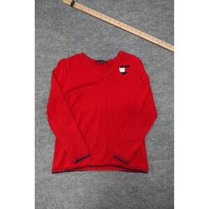 Tommy‎ Hilfiger Women Red V Neck Long Sleeve Sweater Top L/G Heart Logo